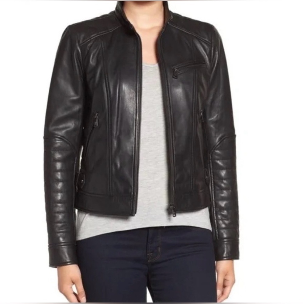Bernardo leather black leather bomber moto jacket new without tags size S